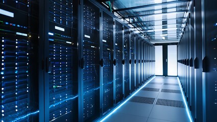 Data center server room with modern equipment and blue lighting