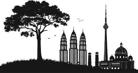 Fototapeta premium Vector art of black silhouette of kuala lumpur city skyline with modern architecture and mosque