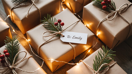 Christmas gift boxes with natural decoration and holiday lights on wooden table