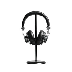 Black headphones on a stand.  Headphones, rounded headband, over-ear design, simple stand, sleek