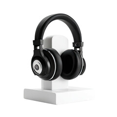 Black over-ear headphones on a white stand