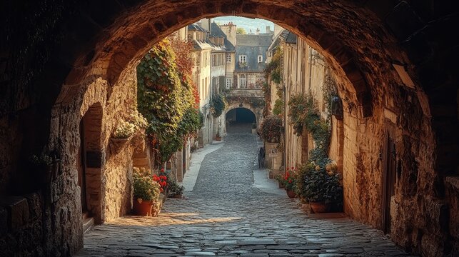 Charming Medieval European Town Alleyway Archway