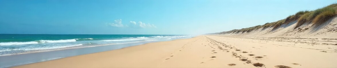 Fototapeta premium Vast expanse of empty beach at low tide, smooth sand stretches to the horizon under a clear sky, untouched by footprints, serene and tranquil coastal landscape , golden, open