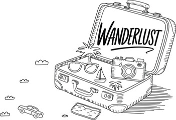 Open suitcase filled with travel items and the word wanderlust written inside