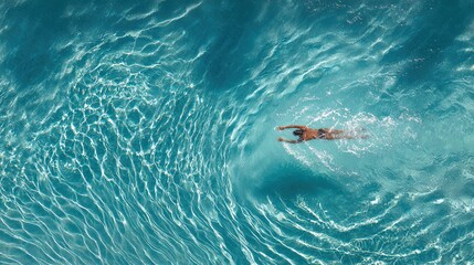 swimmer. Aerial view of a swimmer creating ripples in a pool, capturing the beauty of movement in blue water. event key visuals, club posters, designed for fitness apps and gym onboarding.