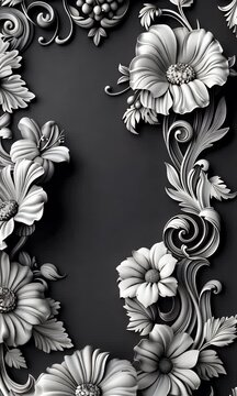 Intricate white floral ornamental design set against a black background.