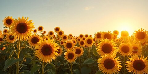 Obraz premium Vast field of sunflowers basking in golden sunlight, towering stalks reaching for the sky, petals, leaves