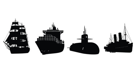 Diverse silhouette collection of naval and merchant ships with sailing vessel and submarine vector