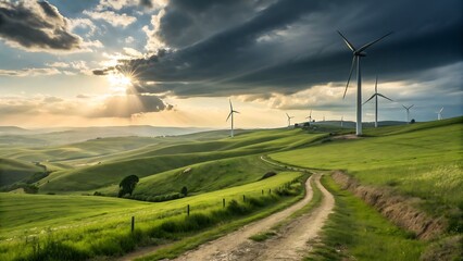 Scenic view of wind turbines on green hills under a cloudy sky, with a dirt road leading through the landscape at sunset