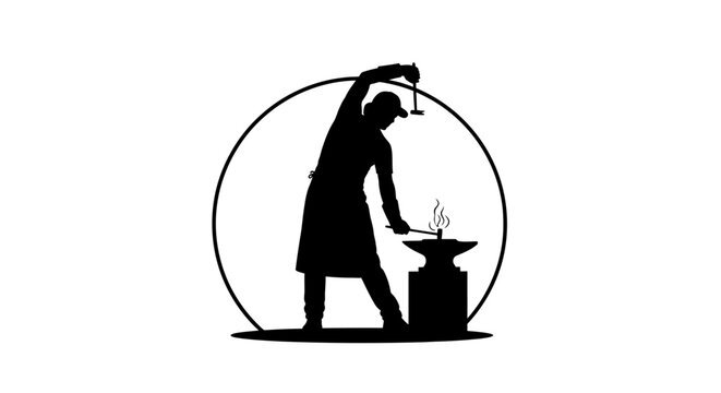 Skilled blacksmith silhouette shaping metal with hammer on anvil, forging artful creations