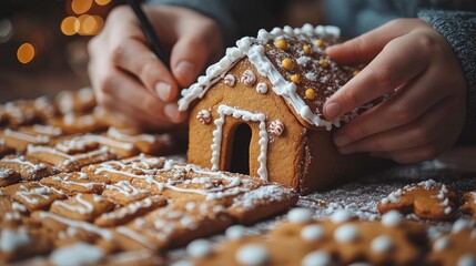 Child decorating gingerbread house, festive holiday, wooden table, twinkling lights background