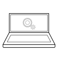 Digital Innovation: A stylized line art depiction of a laptop, its screen displaying intricate gear imagery, symbolizes technology, progress, and the digital world.