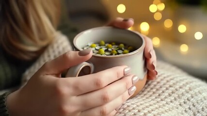 Close-up of woman's hands holding a warm mug of chamomile tea with floating flowers