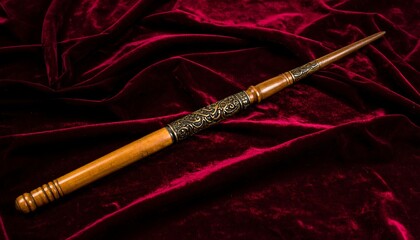 Wooden wand, dark reddish-maroon velvet