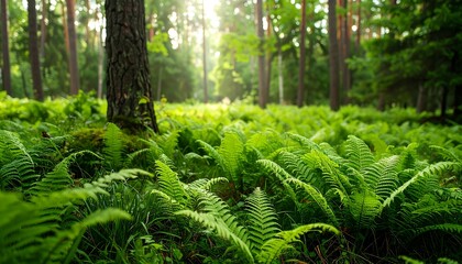 Fototapeta premium Lush ferns and trees under a bright, sunlit canopy in a vibrant, tranquil forest scene