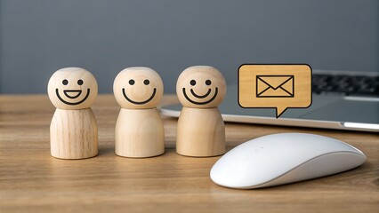 Three wooden figures with smiling faces next to a laptop and mouse, with an email icon, symbolizing communication and positive connection