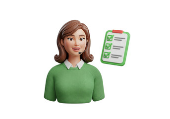 Smiling 3D Customer Support Agent with Headset and Completed Task Checklist Icon
