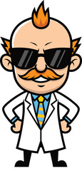 Cartoon scientist character with sunglasses and lab coat, stern expression, black and white vector illustration, educational icon, professor art