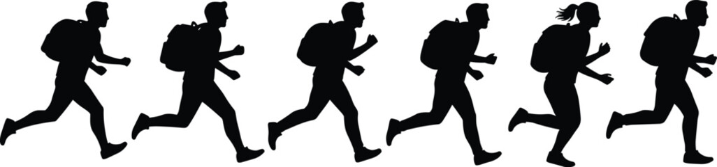 PrintSilhouette vector illustration of people running with backpacks, side view of active men and women jogging for fitness and travel