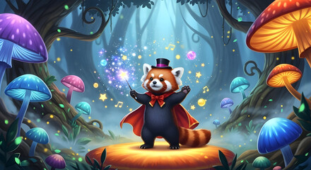 Cute cartoon bear dressed as a wizard standing in magical forest with colorful glowing mushrooms and sparkling fairy lights creating enchanting fantasy scene perfect for children's books and fantasy