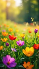 Vibrant spring wildflowers in a lush meadow, bathed in warm sunlight A stunning display of color and nature's beauty, perfect for spring themes , growth, outdoor, natural