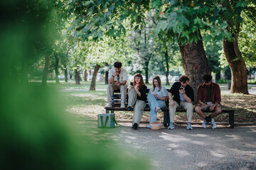Fototapeta premium A group of adults sits together on a bench in a park, interacting with their smartphones and relaxing under the shade of trees, during a sunny day.