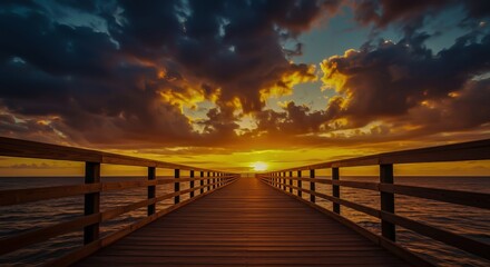 Fototapeta premium Wooden Pier Leading to a Stunning Golden Sunset Over the Ocean