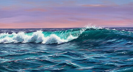 Vivid Ocean Wave Breaking at Sunset with Pink and Purple Sky