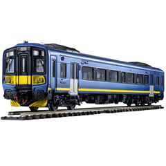 Obraz premium A blue and yellow commuter train on a railway track, isolated on a transparent background