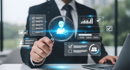 Fototapeta premium Businessman interacting with futuristic digital healthcare interface showing charts graphs and user profile icons in modern office setting for technology innovation and healthcare solutions