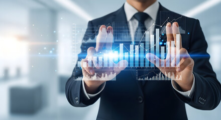 Businessman interacting with futuristic digital data interface showing graphs charts and analytics in modern office environment for technology innovation and data analysis