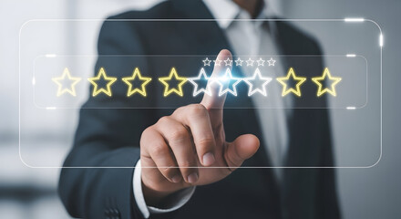 Businessman in formal suit interacting with digital star rating interface for customer feedback and online review analysis in modern office setting