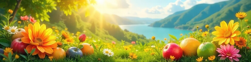 Vibrant summer scene with bright flowers, juicy fruits, and a sun-drenched landscape Perfect for summer themes, travel, and joyful occasions , vibrant, meadow, nature