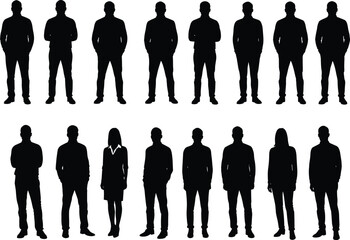 PrintSilhouette, people, standing, men, women, business, team, black, outline, vector, office, professional, isolated, group, pose, formal, clipart, shadow, coworkers, illustration