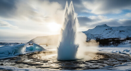 Naklejka premium Witness Earth's raw power as a geyser erupts majestically against a stunning winter landscape bathed in soft golden sunlight creating an unforgettable natural spectacle