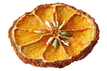 Close-up of dried orange slice isolated on transparent background, perfect for healthy food projects, eco packaging, cocktails, and festive decoration. Generative AI.