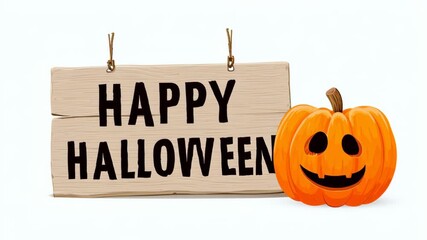 Festive Halloween decorations featuring a cheerful carved pumpkin and a rustic wooden sign displaying the message of Halloween, creating a vibrant and playful atmosphere for the holiday celebration