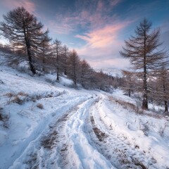 Fototapeta premium Snowy mountain path at sunset