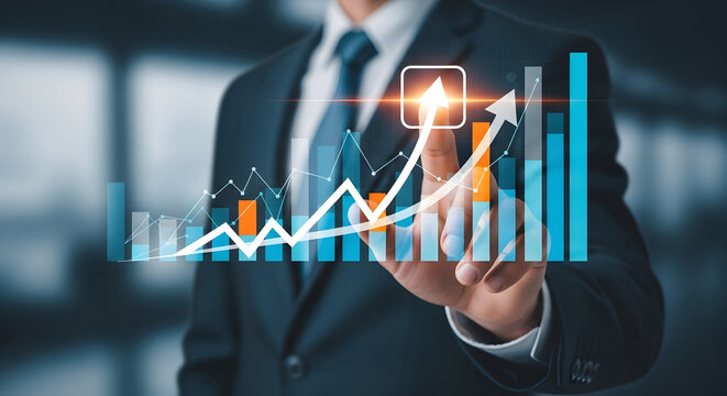 Businessman in a suit analyzing financial data with digital graphs and charts on a transparent screen for investment and market analysis in a modern office setting