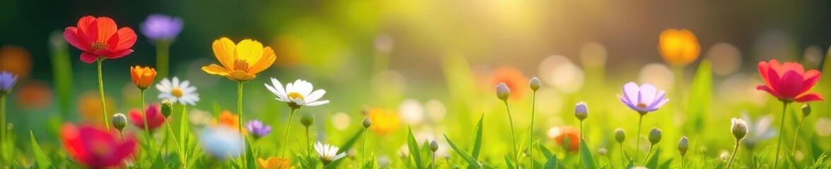 Vibrant wildflowers bursting into bloom in a lush green meadow, bathed in the warm sunlight of springtime Perfect for nature, spring, and floral themes , ecology, beauty