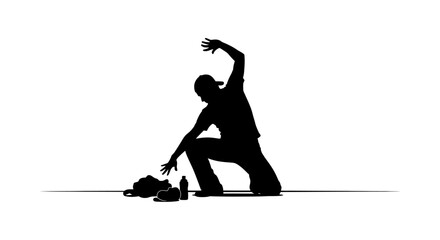 Fototapeta premium Dynamic dancer silhouette in motion reaching for bag and bottle on floor