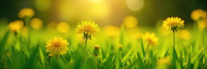 Vibrant yellow dandelion blossoms in a lush green field, bathed in the warm sunlight of springtime  Perfect for illustrating themes of nature, growth, and the beauty of wildflowers ,  botany,  bright
