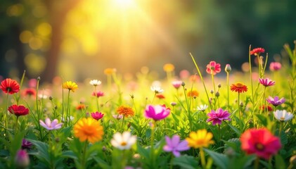 Vibrant wildflowers in full bloom, bathed in the warm glow of the spring sun A lush meadow scene bursting with new life and color, perfect for springtime themes , stem, pollen