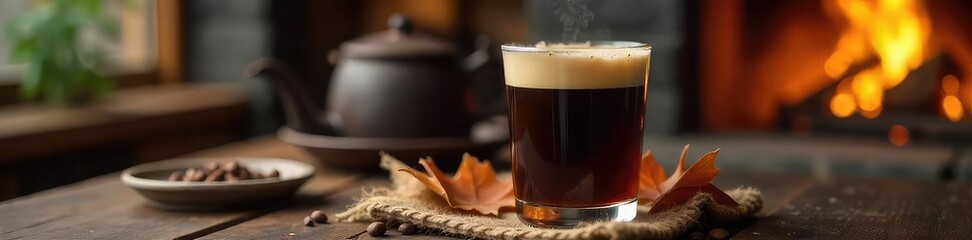 Warm, comforting Irish Coffee in a glass, steaming with rich crema, beside a cozy fireplace  Perfect autumn or winter beverage ,  creamy,  sugar