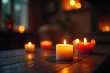 Warm, flickering candlelight illuminates a scene, casting dancing shadows and creating a bright, inviting glow Perfect for themes of romance, tranquility, and cozy ambiance , comfort, interior, flame