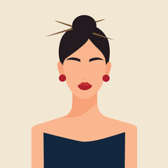 Elegant Woman Portrait in Flat Style with Hair Bun and Chopsticks. Minimalist flat design suitable for fashion, beauty, or lifestyle concepts.