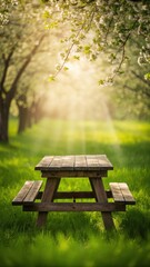 Naklejka premium Wooden picnic table in a blooming orchard with sunlight streaming through the trees, creating a tranquil scene