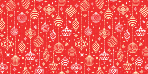 Beautiful Red Christmas pattern with ornaments. Xmas wrapping paper concept. Full Vector Design