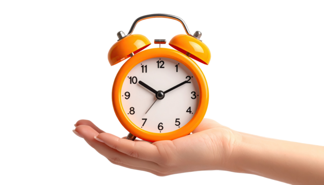 Hand holding a small orange alarm clock