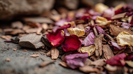 Close-up of dried flower petals and wood chips
